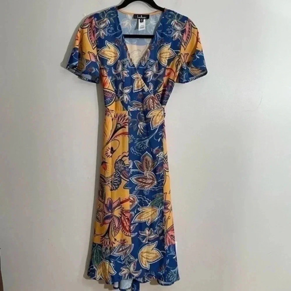 Lulus Atlantis Blue and Yellow Print Wrap Midi Dress XS - Picture 3 of 8